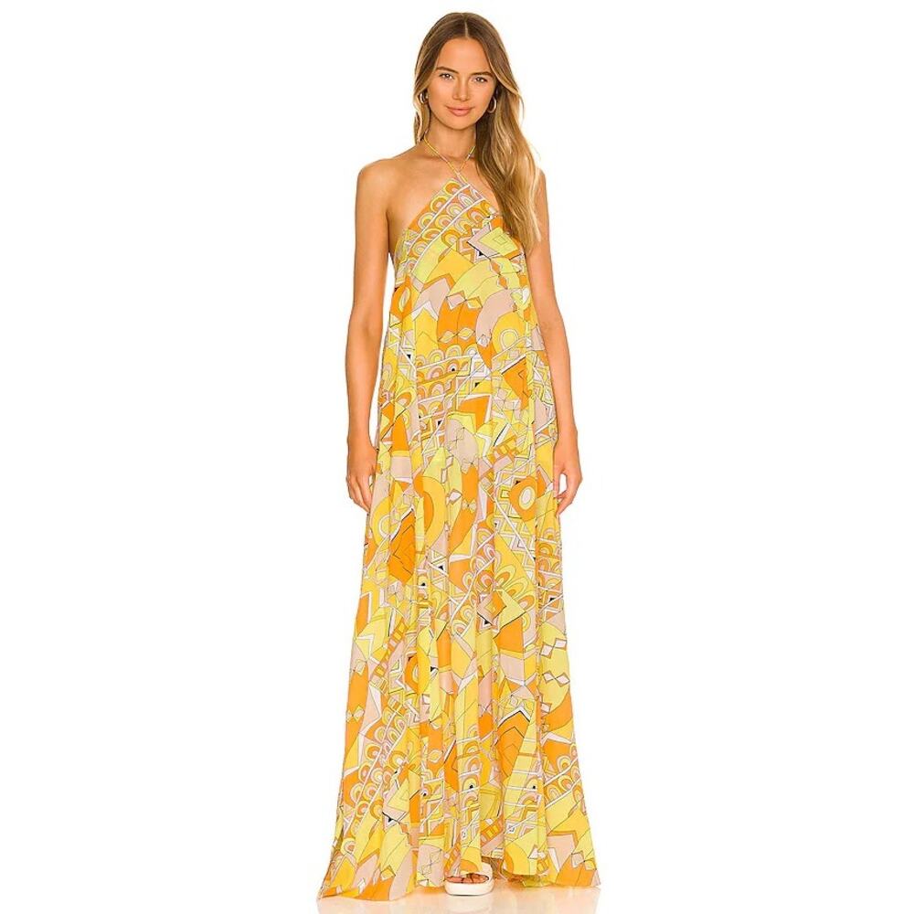 SWF Halterneck Maxi Dress in Poolside Yellow Size Small Geometric Beach Resort